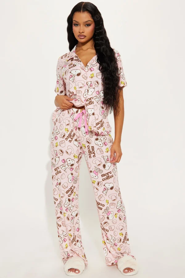 More Coffee Snoopy PJ Pant Set - Pink/combo